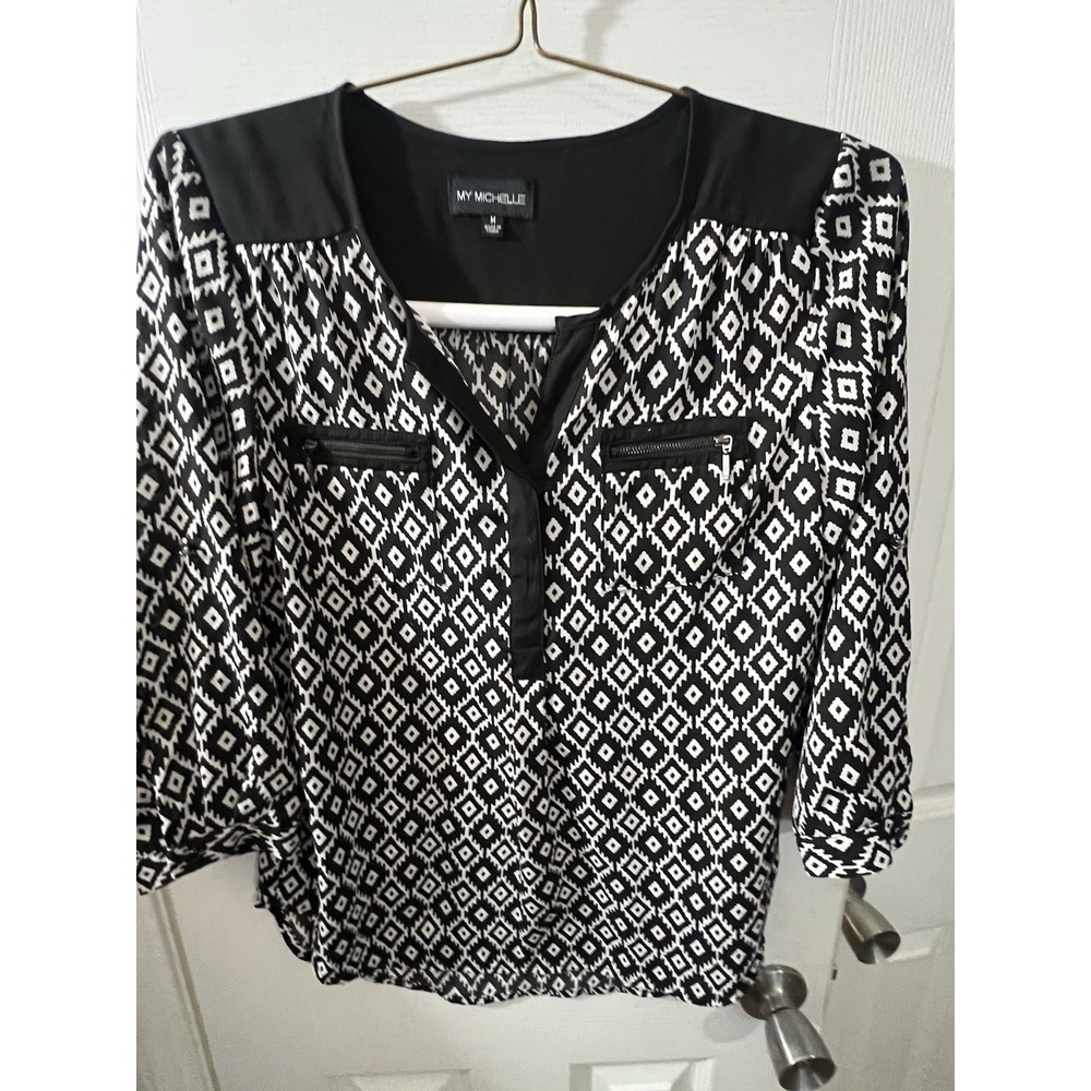 SIZE‎ M MY MICHELLE Black & White Long Sleeve Blouse INVPV2291